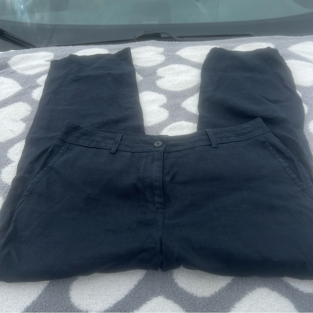 L. L. Bean Navy Linen Wide Leg Trousers Size 12 Petite